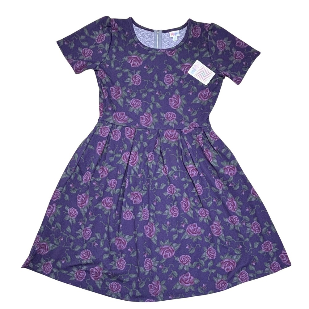 LuLaRoe Women Amelia Dress 2XL Purple Pink Floral Roses Short Sleeve NWT